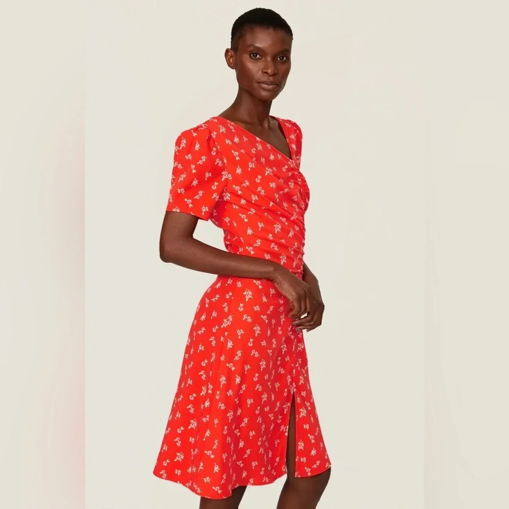 RTR Love Whit by red floral print asymmetrical v neck slit draped mini dress XL